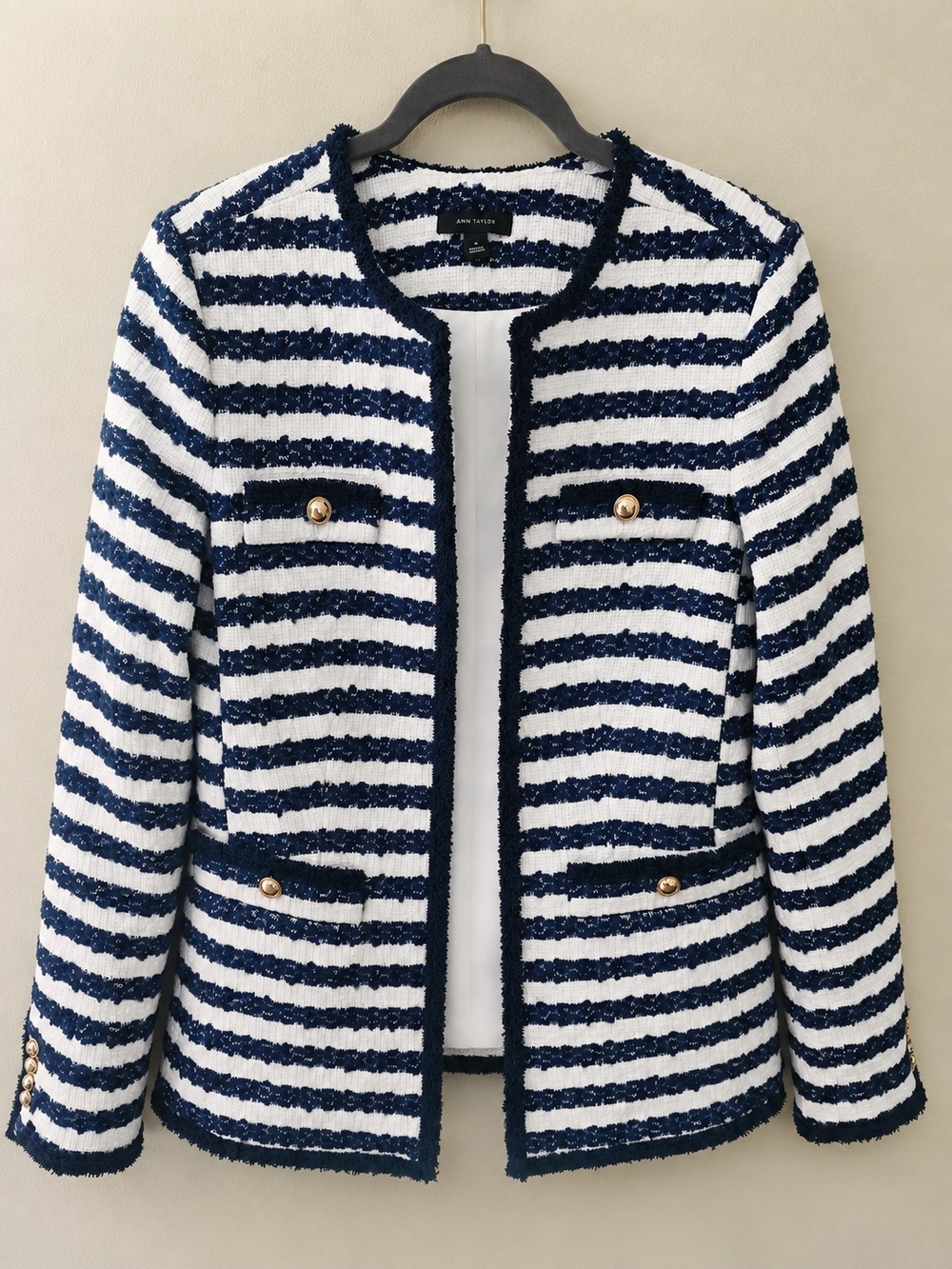 Ann Taylor Navy & White Striped Bouclé Blazer